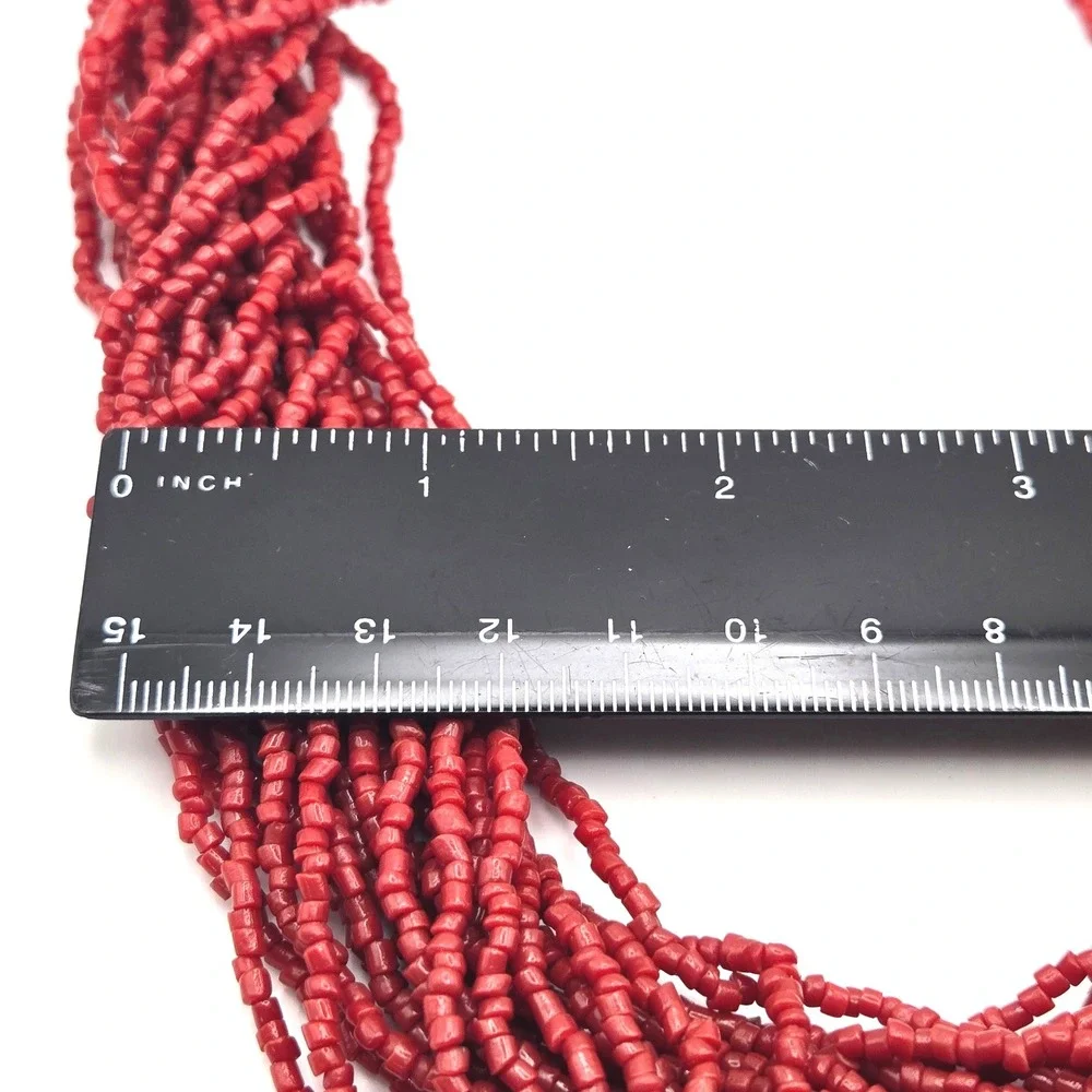 Vintage Multi Strand Necklace Red Faux Coral Glass Seed Bead Silver Tone 21 Inch